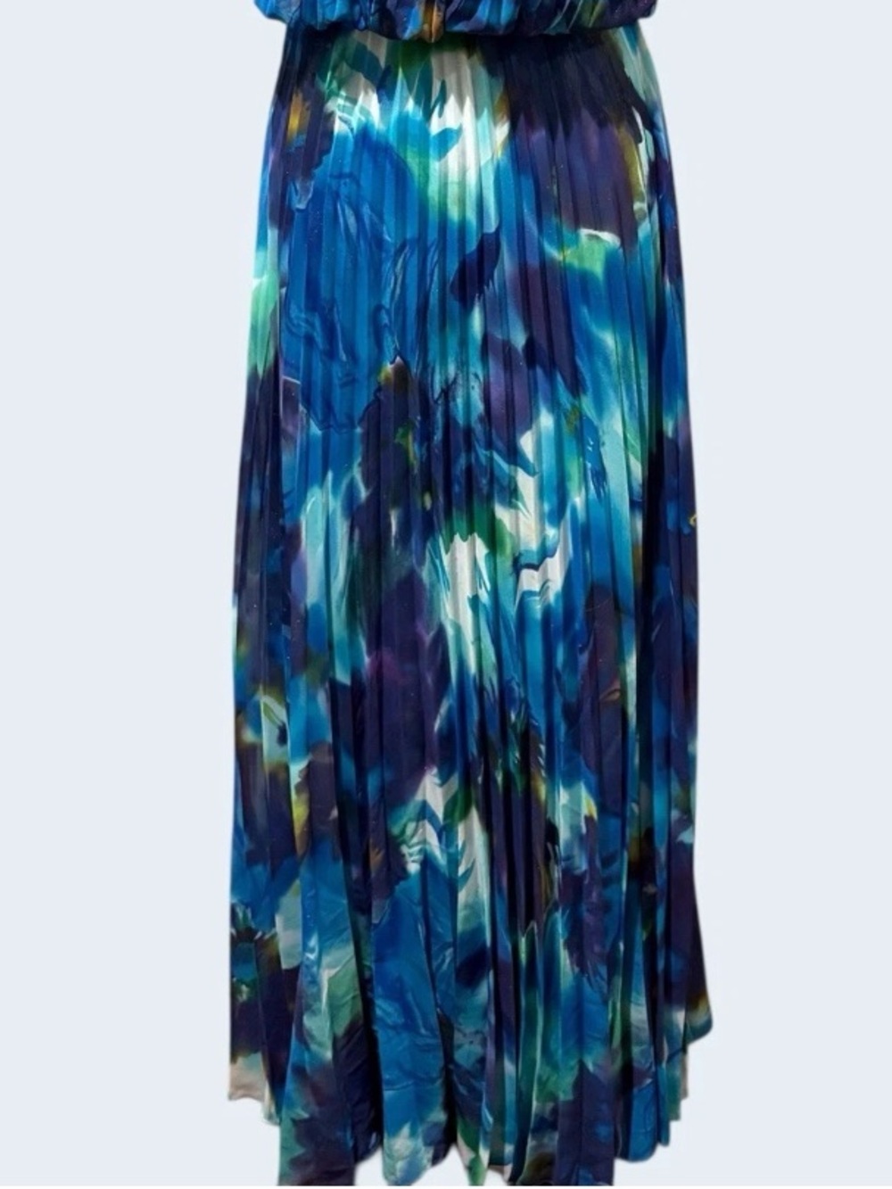 XSCAPE Pleated Blouson Halter Indigo Blue Dress w. Gold Snake Chain - Size 14P - Picture 11 of 14